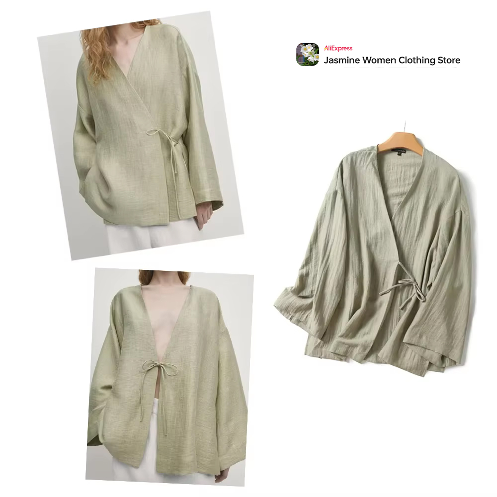 Kimono Cardigan Women - Blusa verde-oliva confortável com laços, mangas