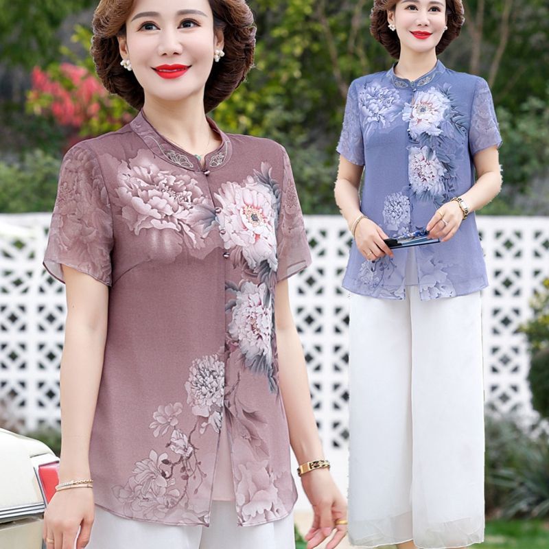 Women Fashion Over 60 - Conjunto Elegante de Camisa de Chiffon