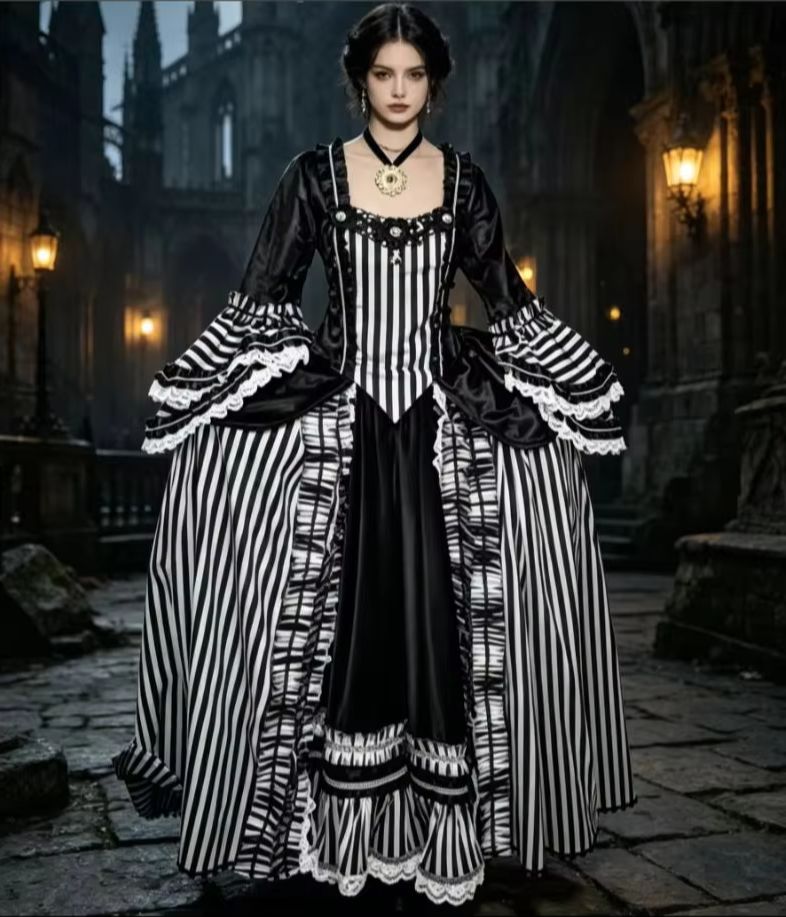 Women Fashion Gown - Vestido listrado preto e branco Rococo