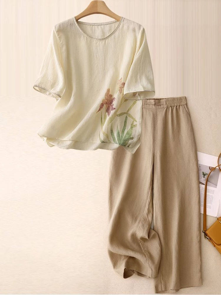 Women Fashion Over 60 - Conjunto Casual de Linho e Algodão