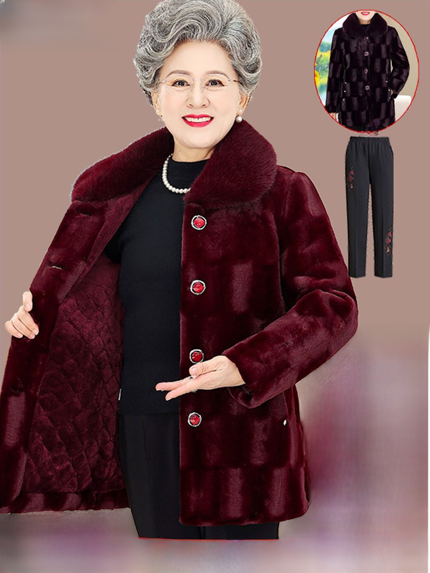 Women Fashion Over 60 - Casaco de Veludo de Visom Engrossado