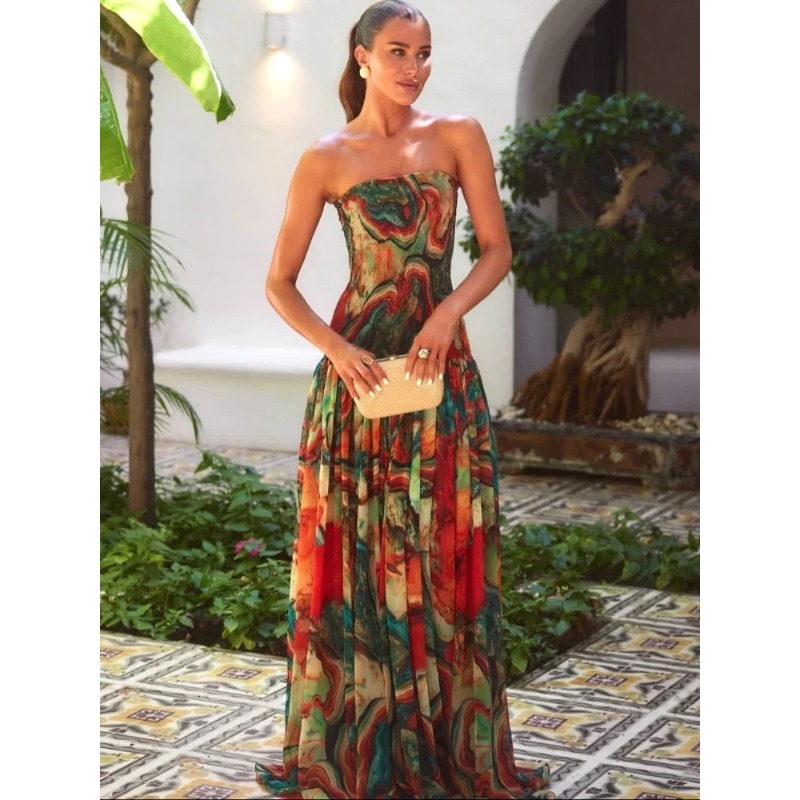 Vestido Longo Plissado Sem Alç - Women Fashion Gown avaliação e preço